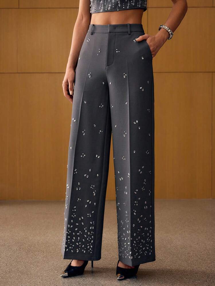 RHINESTONE DETAIL SEAM FRONT WIDE LEG SUIT PANTS WITHOUT BELT