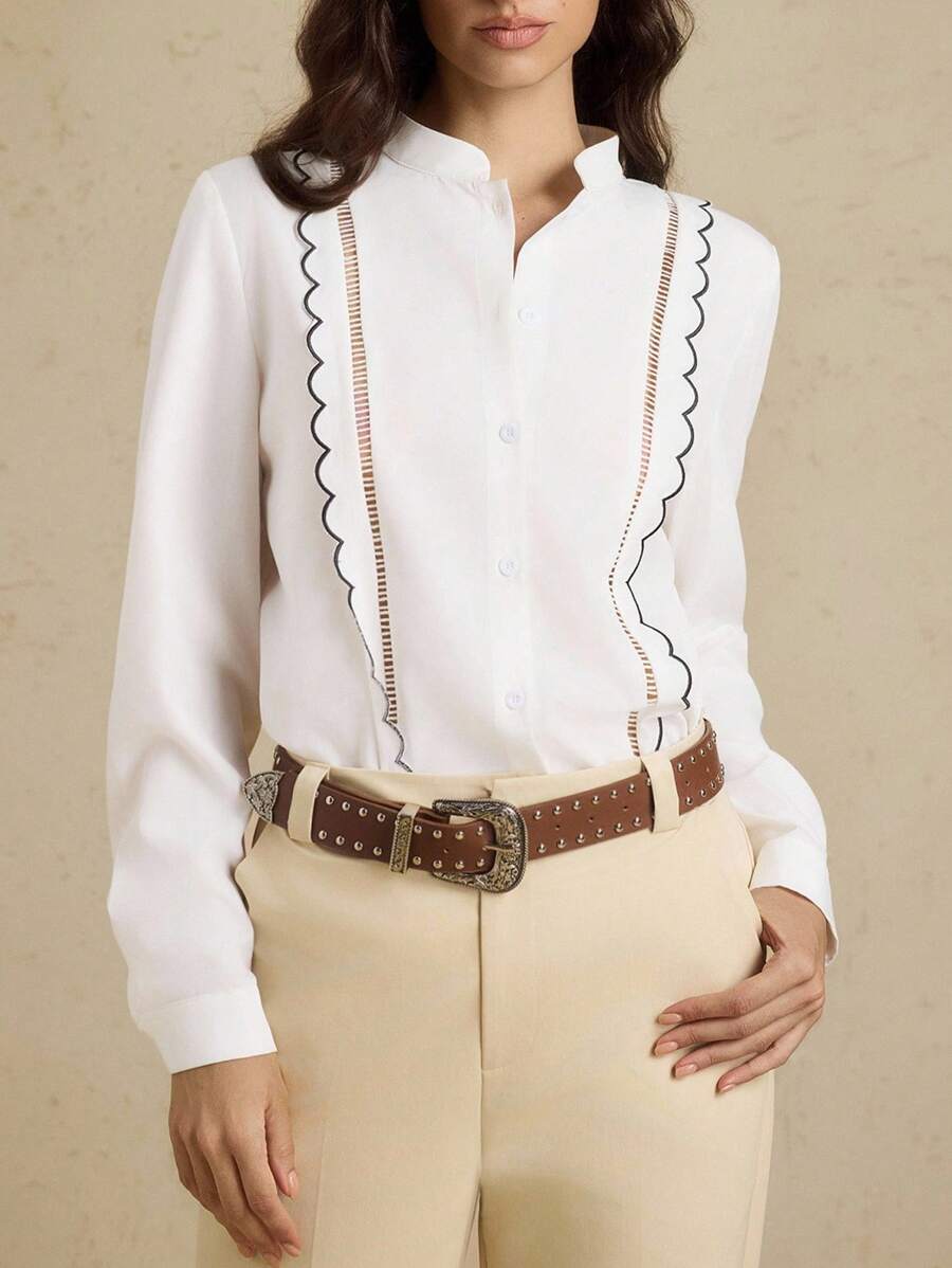 Briarwyn Camisa de manga larga con cuello en muesca, ribete de contraste y borde de concha, adecuada para ir al trabajo y uso diario, primavera/otoño