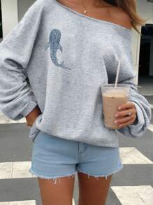 Attitoon 休闲度假风格蓝鲸图案宽松露肩长袖卫衣，适合秋冬季 - 淺灰色 - 查看 7