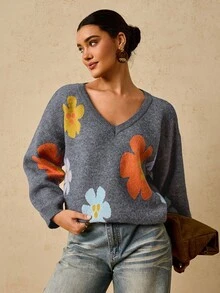 Travachic 大码女式花卉提花 V 领宽松套头衫，可爱的套头衫，灰色和深灰色花卉毛衣女式 V 领毛衣女式女式套头衫花朵毛衣针织毛衣女式可爱上衣女式返校毛衣灰色毛衣可爱上衣秋季女式圣诞节外出上衣大码女式毛衣冬季 - 灰色 - 查看 5