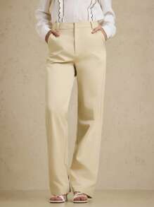 Briarwyn 女士四季服装老款纯色口袋宽松直筒休闲裤，适合返校季和办公室穿着 - 卡其色 - 查看 1