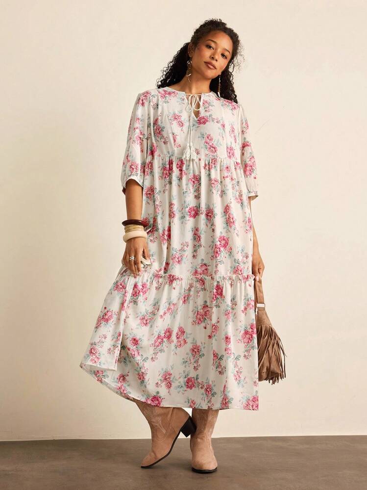 SHEIN VCAY Váy du lịch thường ngày họa tiết hoa cỡ lớn - Nhiều màu - Xem 4