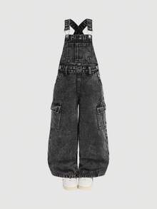 SHEIN Young Girl' Black Denim Bib Pants,Casual And Fashionable Vacation Outfits,Winter Clothes,Fall Clothes,Street Wear ,Denim Overall - Black - View 5