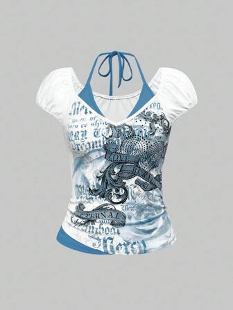 Grunge Punk Vintage Romantic Rose Floral Vine Heart Rhinestone Decor Contrast Color Halter Tie Bow Women T-Shirt