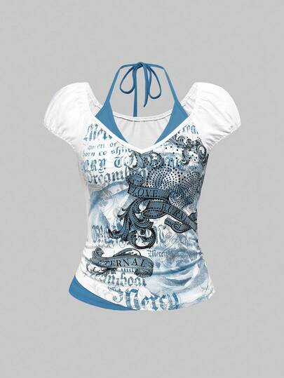 Grunge Punk Camiseta de mujer con cuello halter, lazo y decoración de cristal con diseño de corazón, flores rosas y enredaderas en un contraste de colores vintage y romántico