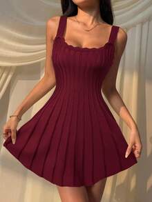 SHEIN EZwear Women's Casual Burgundy Knitted Sweater Dress,Fall - Burgundy - View 3