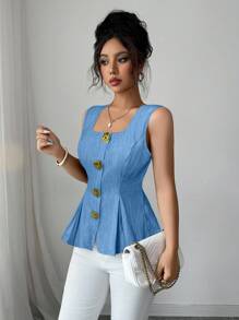 Elenzga Summer New Arrival French Elegant Fashion Big Metal Button Backless Tie Sleeveless Solid Color Blouse For Women - Blue - View 5