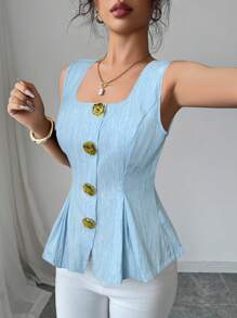 Elenzga Summer New Arrival French Elegant Fashion Big Metal Button Backless Tie Sleeveless Solid Color Blouse For Women - Baby Blue - View 3