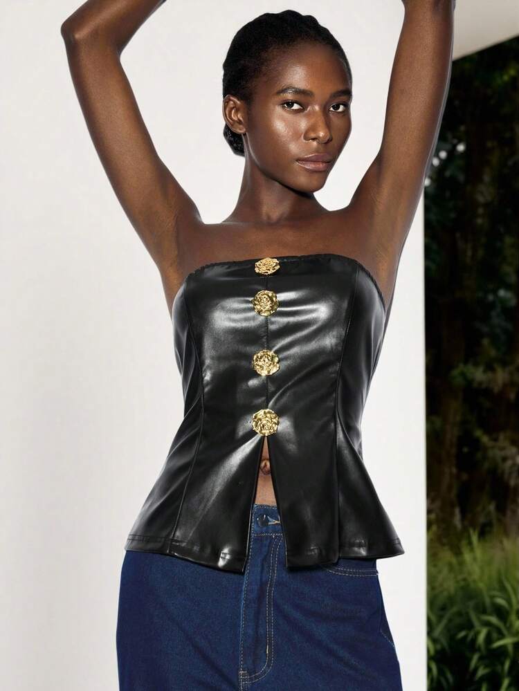 SHEIN Maija Women's Fashion Solid Color PU Leather Floral Metal Decor Slit Hem Tube Top Leather Corset Top Black Leather Top Leather Top Women Leather Tube Top Leather Tops