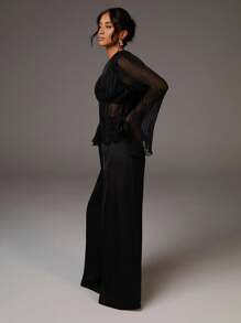 Athîral 女士时尚优雅V领长袖衬衫，黑色薄纱上衣，黑色网纱上衣，褶皱上衣，女士薄纱上衣，黑色派对上衣 - 黑色 - 查看 4