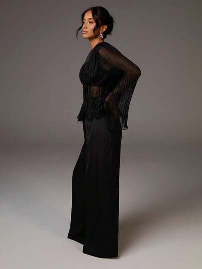 Athîral Women's Fashionable Elegant V-Neck Long Sleeve Blouse Sheer Black Top Black Mesh Top Pleated Top Sheer Tops For Women Black Party Top