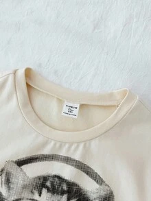 少女白色针织休闲个性修身短裤短袖圆领可爱猫咪图案印花T恤，适合居家休闲、购物、午餐、派对 - 杏色 - 查看 3