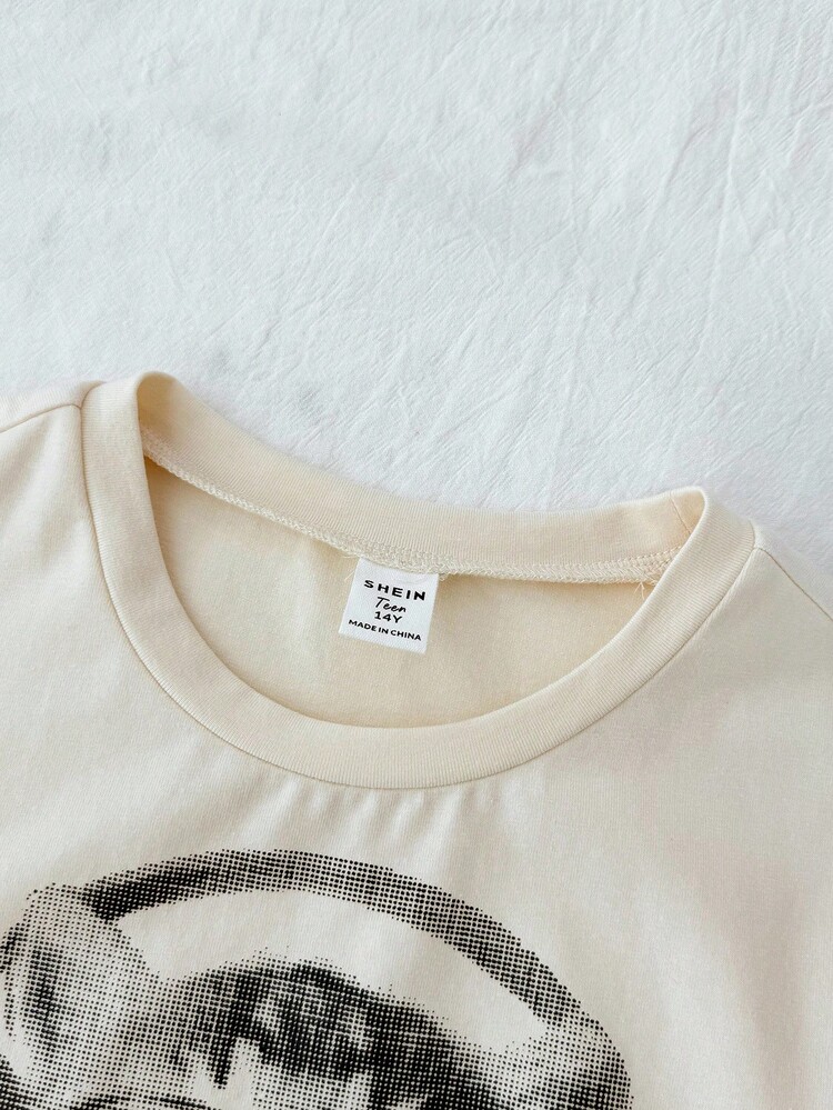 Teen Girls White Knitted Casual Personalized Fit Shorts Short Sleeve Round Neck Cute Cat Pattern Printed T-Shirt, Suitable For Home Leisure, Shopping, Lunch, Party Cute T Shirt Cat T-Shirt Cute Cat Tee Graphic Tee Girls Cat T-Shirt Cute T-Shirt - Apricot - View 3