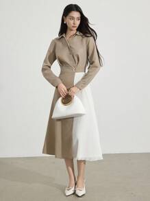 Heiryn Đầm midi tay dài phối màu thanh lịch thời trang dành cho nữ - Màu Khaki - Xem 4