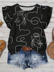 EMERY ROSE Lễ hội âm nhạc trở lại trường Quần áo cỡ lớn dành cho nữ mặc thường ngày, phong cách cổ điển, họa tiết mặt người trừu tượng thanh lịch, cổ tròn, tay áo bay nhỏ hai lớp, áo rộng cho nữ, trang phục mùa hè, trang phục đi nghỉ của nữ, trang phục mùa hè của nữ, áo đi chơi của nữ - màu đen - Xem 1