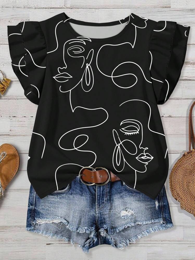 EMERY ROSE 返校音乐节大码女装日常休闲装复古风优雅抽象人脸线条图案圆领双层小飞袖女士宽松上衣夏季装女士度假装女士夏装女士外出上衣 - 黑色 - 查看 1