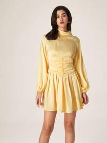 Modelyn Women's Elegant Stand Collar Ruched Waist A-Line Yellow Mini Dress - Yellow - View 7