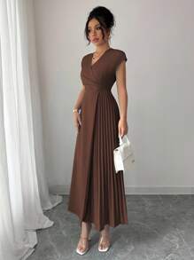 Elenzga 女士优雅简约 V 领褶皱腰落肩袖长裙，适合通勤、办公室、商务、休闲、度假、下午茶，纯色 - 咖啡棕 - 查看 5