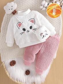 SHEIN 2 件套女婴羊毛衫 + 裤子套装，长袖套头衫上衣 T 恤配松紧腰长裤，圆领保暖厚实柔软舒适面料，可爱刺绣小猫动物休闲日常穿着冬季新款 - 彩色 - 查看 3