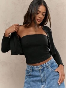 MISSGUIDED 女士短款纽扣开衫和露肩抹胸两件套分层长袖周末时尚晚装秋季服装 - 黑色 - 查看 3