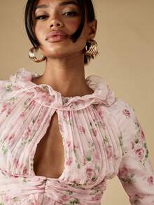 MISSGUIDED Blommig volangkrageblus med nyckelhålsdetalj i viktoriansk stil, långärmad, vår/sommar, trädgårdsfest, topp för tetillfället - Rosa - Visa 4