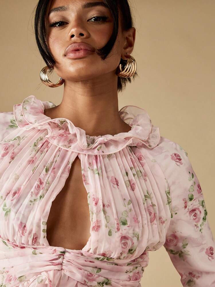 MISSGUIDED Áo cổ bèo nhún hoa có chi tiết lỗ khóa tay dài phong cách Victoria mùa xuân hè dự tiệc ngoài vườn trà - Hồng - Xem 4