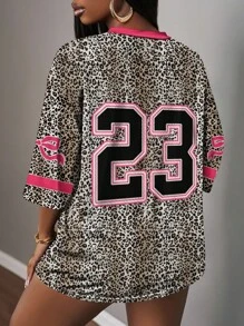 Slaydiva 女士休闲街头风格简约字母数字图案T恤，适合夏季，网眼面料，适合运动，街头风格，豹纹，蝴蝶结印花