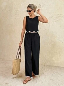SHEIN Frenchy 女士时尚度假休闲吊带背心上衣和裤子两件套 - 黑色 - 查看 3