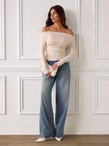 SHEIN Tall 女式纯色露肩褶饰时尚修身毛衣 - 黃色 - 查看 5