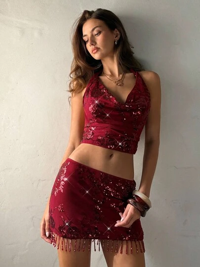 Aloruh 女式低胸时尚短款上衣和迷你裙两件套，酒红色，带串珠刺绣