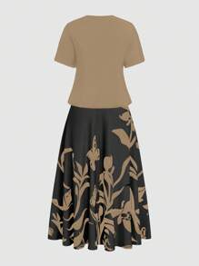 SHEIN Clasi 加大码女式花卉印花吊带背心连衣裙，带伞状下摆和短袖系带前夹克优雅套装 - 卡其色 - 查看 4