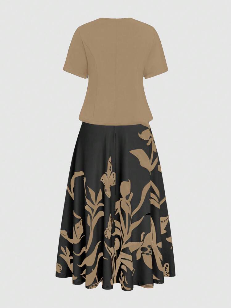 SHEIN Clasi 加大码女式花卉印花吊带背心连衣裙，带伞状下摆和短袖系带前夹克优雅套装 - 卡其色 - 查看 4