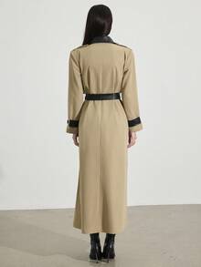 Modelyn 秋冬女士时尚休闲撞色立领腰带风衣 - 卡其色 - 查看 3