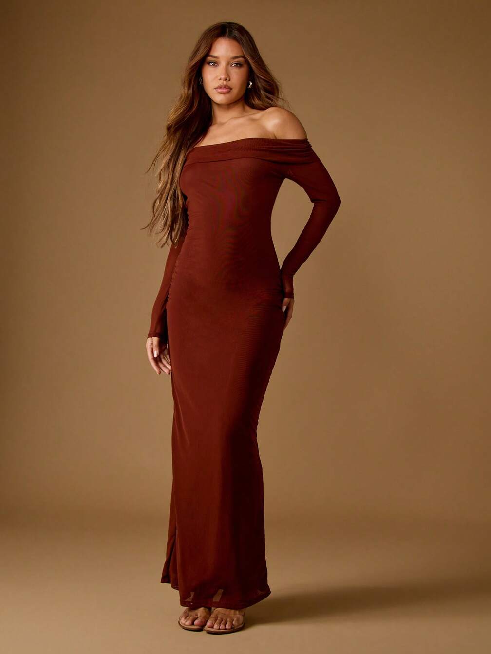 open shoulder bodycon dress Final Sale Plus Size Cold Shoulder BodyCon with Side Cutout, Open Back and  Side Slit in Brown and Turquoise