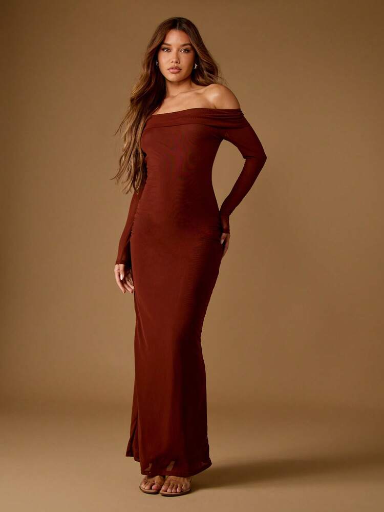 MISSGUIDED Robe de soirée longue moulante à épaules dénudées, manches longues. Robe de cérémonie élégante pour mariage, fête, avec taille empire. Robe de cocktail longueur plancher pour invité de mariage, vacances