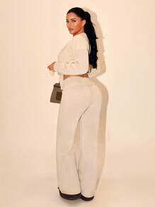 Zolique Women's Solid Color Casual Cardigan And Pants Knit Two Pieces Set Fall Winter Cloth For Women - Apricot - View 2