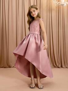 Tween Girls' Elegant Luxurious Pink Round Neck Midi Dress, Suitable For Party, Banquet, Evening, Wedding, Flower Girl, Prom, Holiday, Back To School, Graduation, Travel, Christmas, Halloween And Other Occasions - Pink - View 5