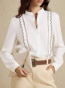 Briarwyn Camisa de manga larga con cuello en muesca, ribete de contraste y borde de concha, adecuada para ir al trabajo y uso diario, primavera/otoño