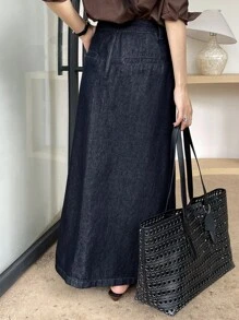 女士收腰设计长款休闲牛仔裙 - 深色水洗藍 - 查看 3