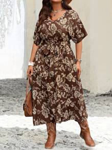 EMERY ROSE 大码女式夏季假日 V 领短袖束腰刺绣连衣裙（配腰带）、秋季女装、夏季假日、女士度假装、简约时尚的日常穿着、度假氛围、春假、春假休闲装、西部女装、乡村音乐会装 - 棕色 - 查看 1