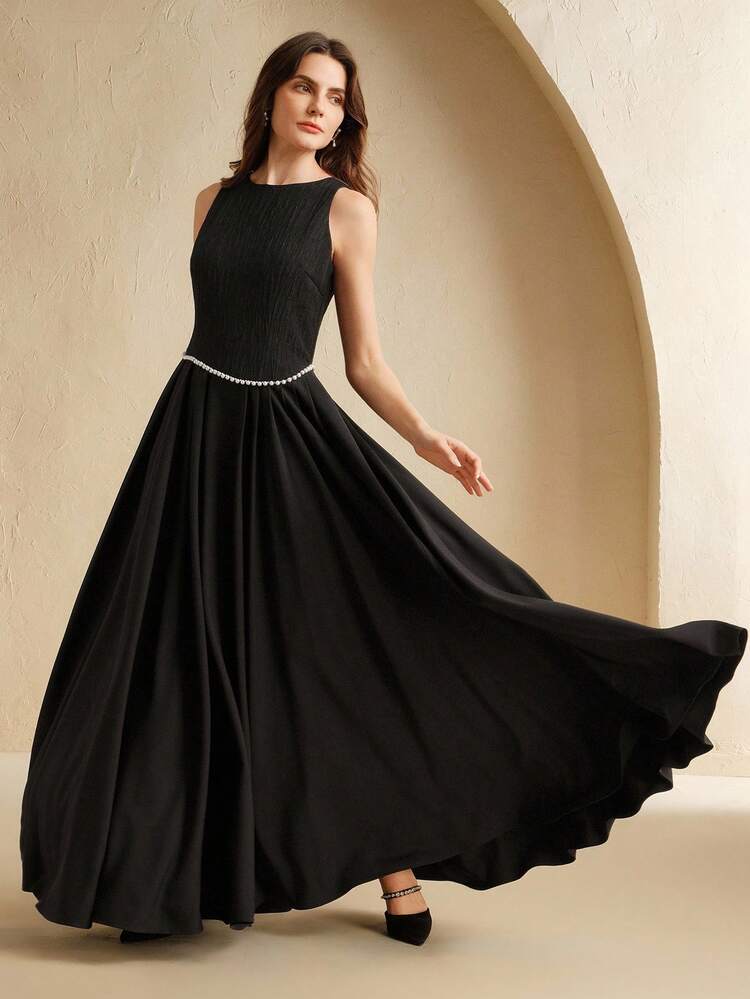 Women's New Autumn/Winter Black Pleated Backless Maxi Dress, Elegant Street Style Outfit