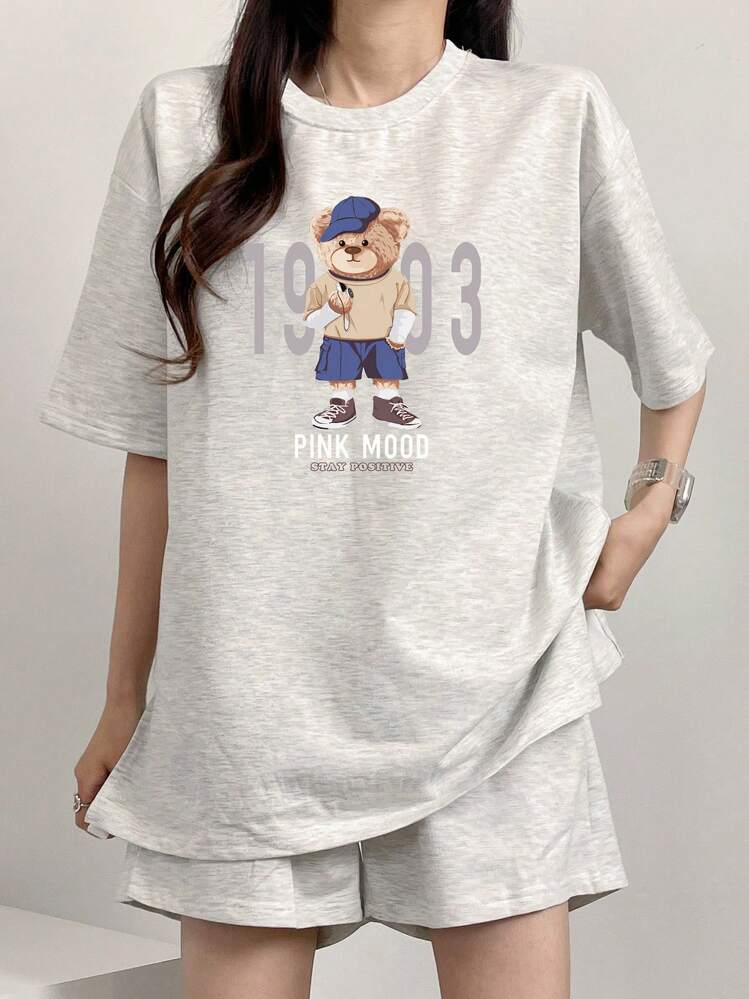 DAZY Women's Cartoon Print Round Neck Loose T-Shirt And Shorts 2 Pieces Sportswear Set, Casual For Spring/Summer Lounge Sets For Women - Grey - View 3