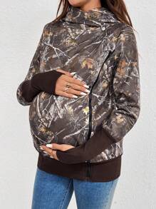 SHEIN Maternity Camouflage Print Zip Up 3-In-1 Nursing Hooded Coat Women's Fall Clothes Halloween Clothes - Army Green - View 5