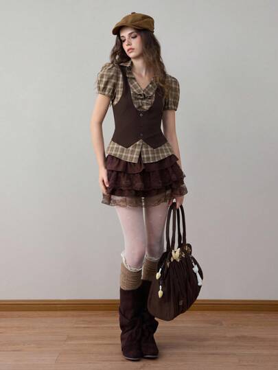 ROMWE Avant Chemise à carreaux patchwork inspirée de la nature pour femmes