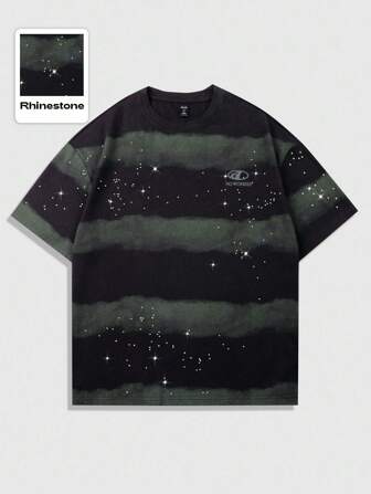 Street Life T-shirt col rond à manches courtes style collégial avec rayures et couleurs contrastées, design avec strass, style années 2000 pour hommes