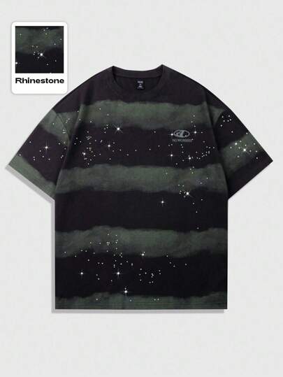 Street Life T-shirt col rond à manches courtes style collégial avec rayures et couleurs contrastées, design avec strass, style années 2000 pour hommes