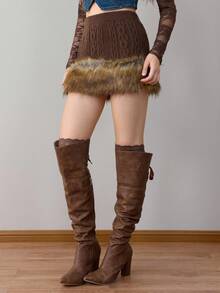 ROMWE J-Fashion Minifalda de suéter con parches de punto trenzado, borde esponjoso y versátil estilo Y2K