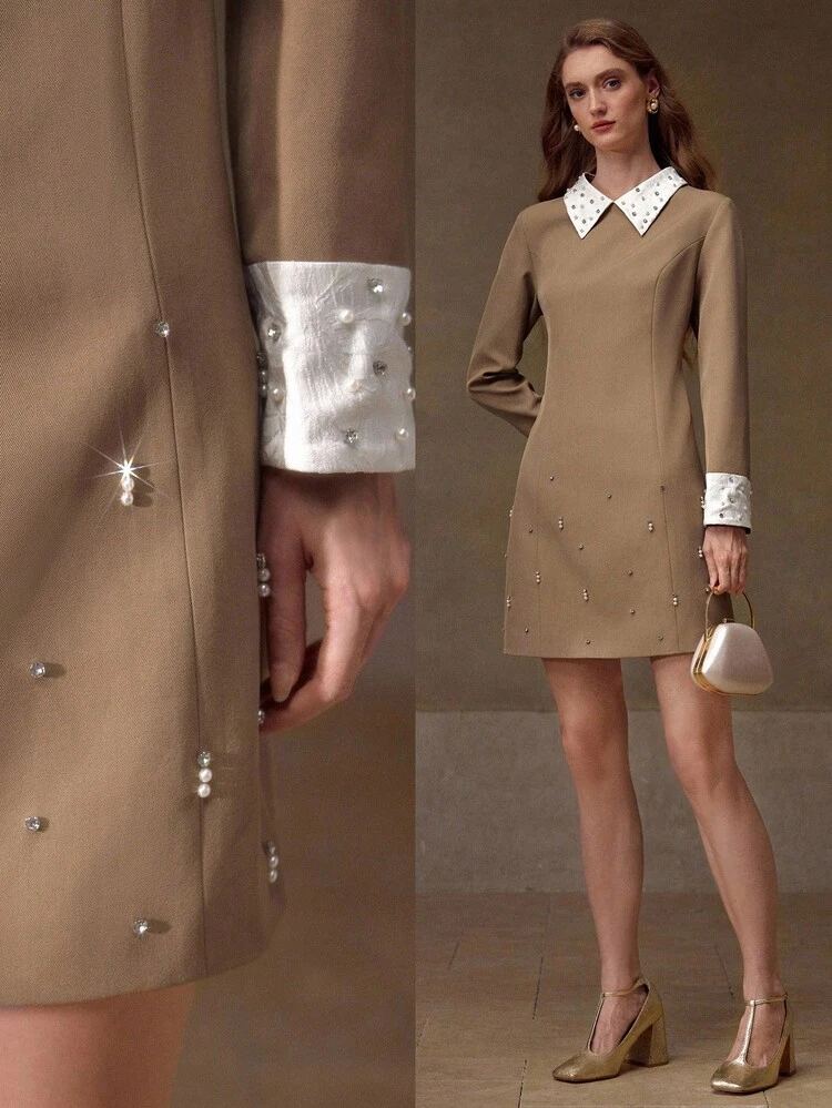 FAUX PEARL DETAIL COLORBLOCK DRESS