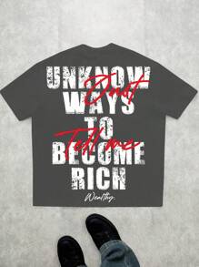 SHEIN 青少年男孩休闲时尚经典酷炫钞票裹脸肖像图案 T 恤，经典时尚标语印花短袖圆领 T 恤，适合夏季 - 彩色 - 查看 3