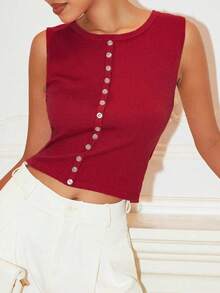 Chiquease Casual Versatile Solid Color Red Sleeveless Knit Top Knitted Sweater - Red - View 3